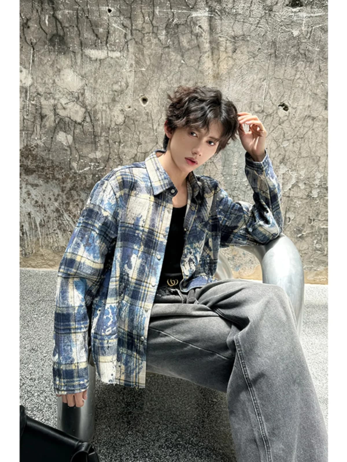 Men's Autumn Blue Cardigan with Ink Diffusion Effect, High Quality American Style, Solar Protection