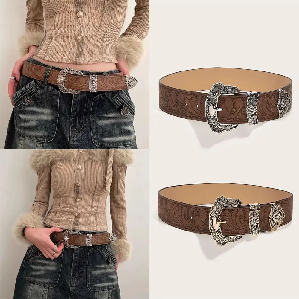 Luxury Vintage PU Leather Waistband Y2k with Metal Caved Buckle Pin Buckle Belt Versatile Jeans Belt