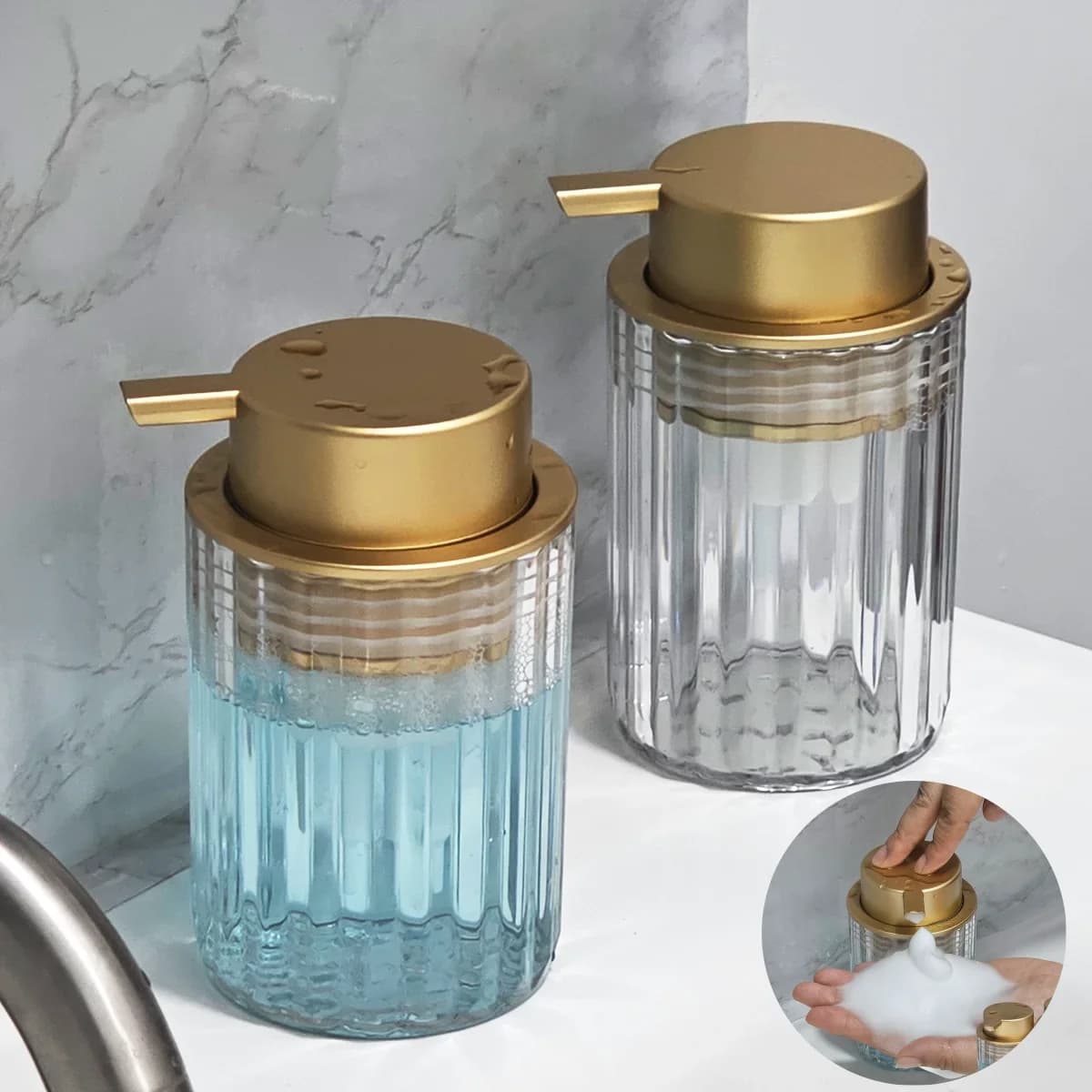 Dispenser automatico di sapone schiumogeno per le mani: bottiglia di design in schiuma per lavaggio a mano, decorazione da appoggio e elementi essenziali per il bagno