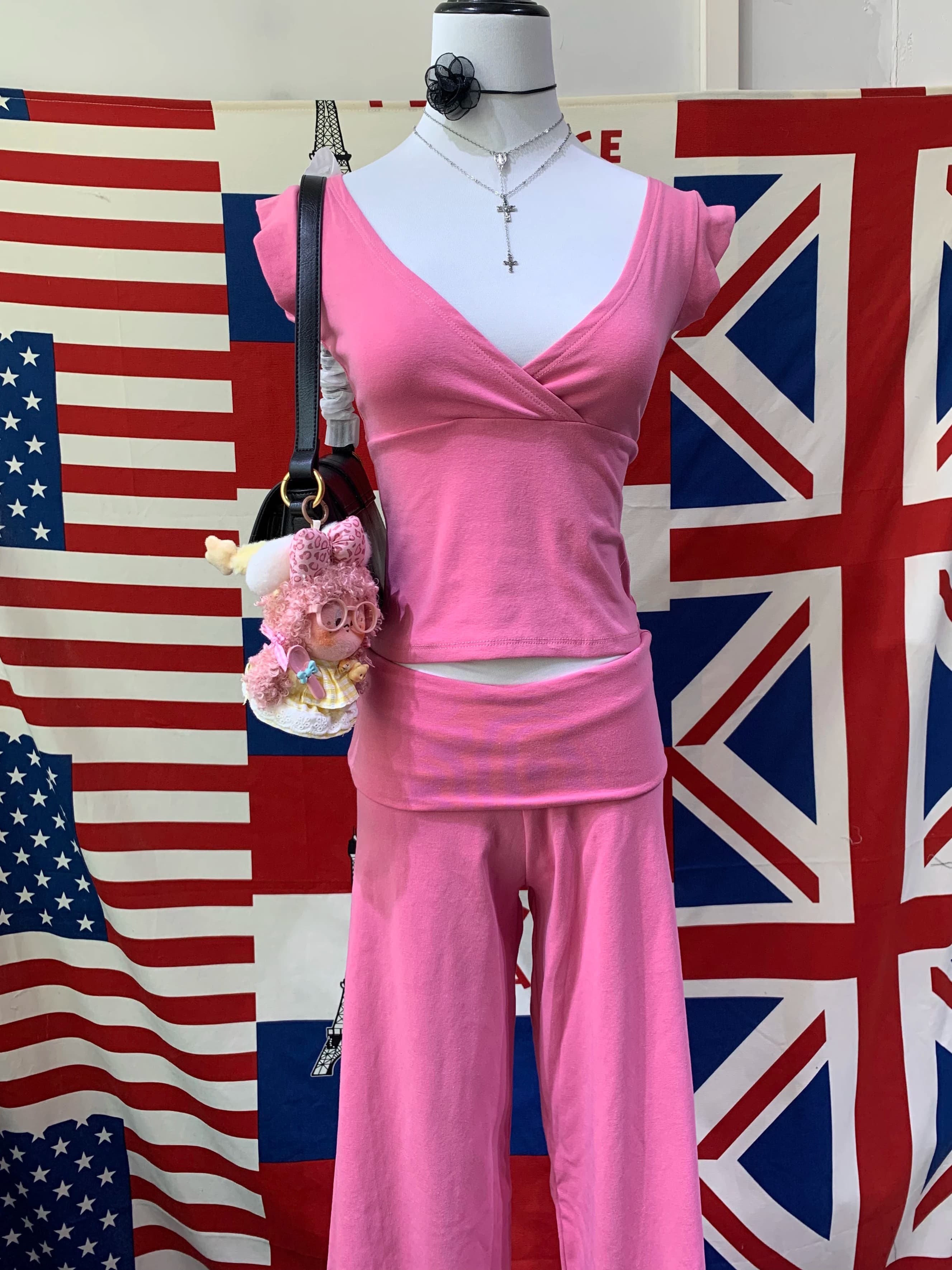 Solid T-shirt Pant Sets Woman Summer Cross V-neck Slim Crop Top+Foldover Low Waist Straight Trousers Cotton Casual 2 Piece Sets