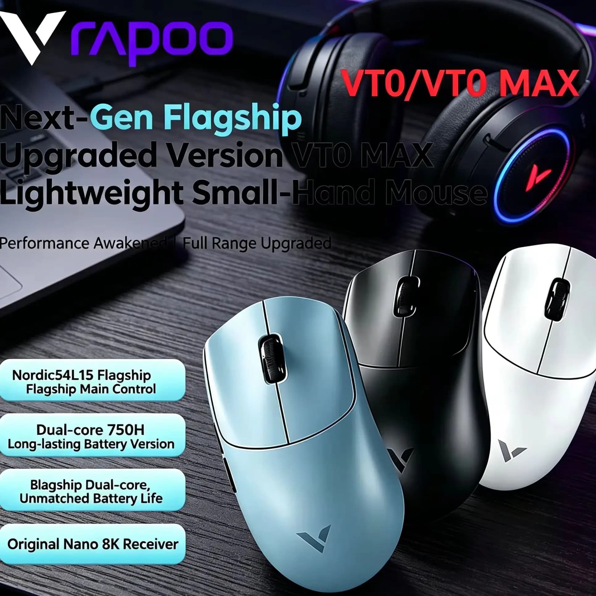 Mouse da gioco wireless Rapoo VT0 Max PAW3950 PAW3398 8KHz 45000DPI