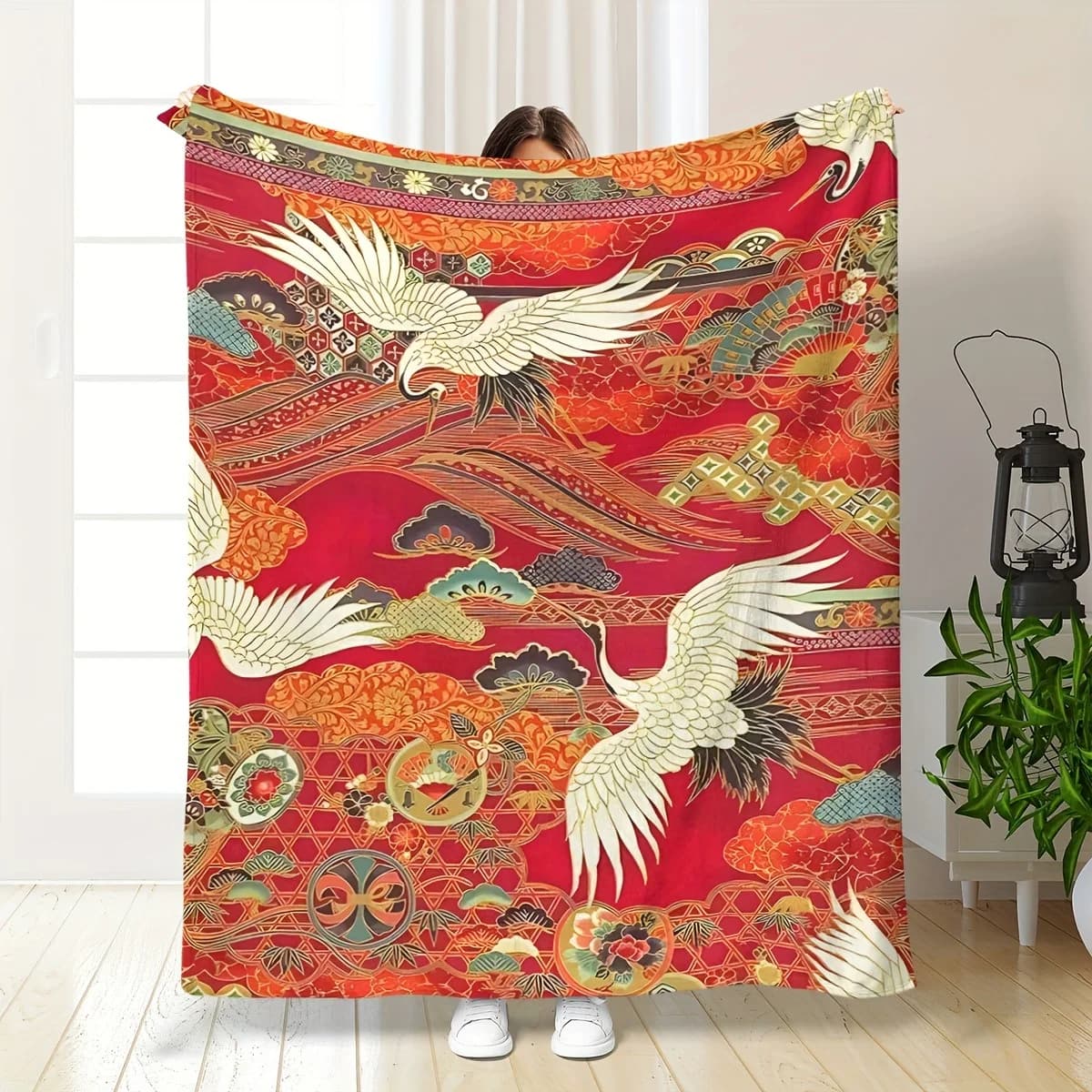 Coperta tradizionale con gru e flanella floreale - Lavabile antiallergenico | Rosso/Arancio/Verde/Marrone | Casa/Ufficio/Viaggi per tutte le stagioni