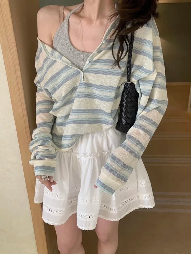 Summer Casual Loose Thin Sun Protection Cover up Women's Long Sleeve Hoodie T-Shirt Striped Comfortable Breathable Top