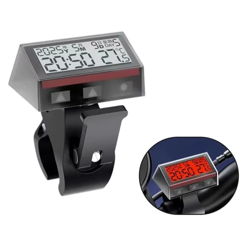 Motorcycle Ebike Solar Power Clock With Date Week Temperature LCD Backlit Display Waterproof Thermometer With Stand