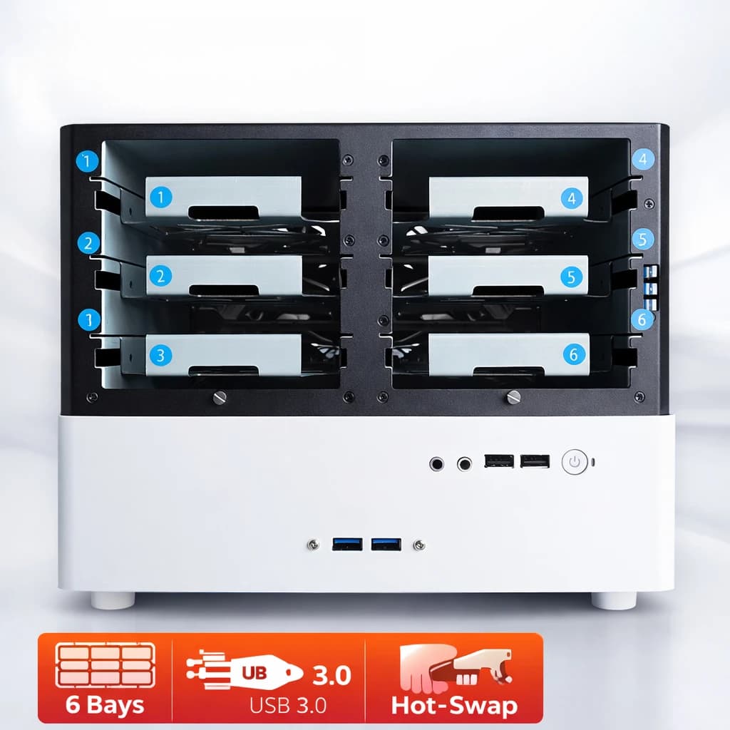 Case NAS a 6 Bay Fai-da-te Mini ITX con Scheda Backplane SATA, Supporta Alimentatore 1U, Enclosure Server per Archiviazione HDD/SSD da 2.5/3.5 pollici