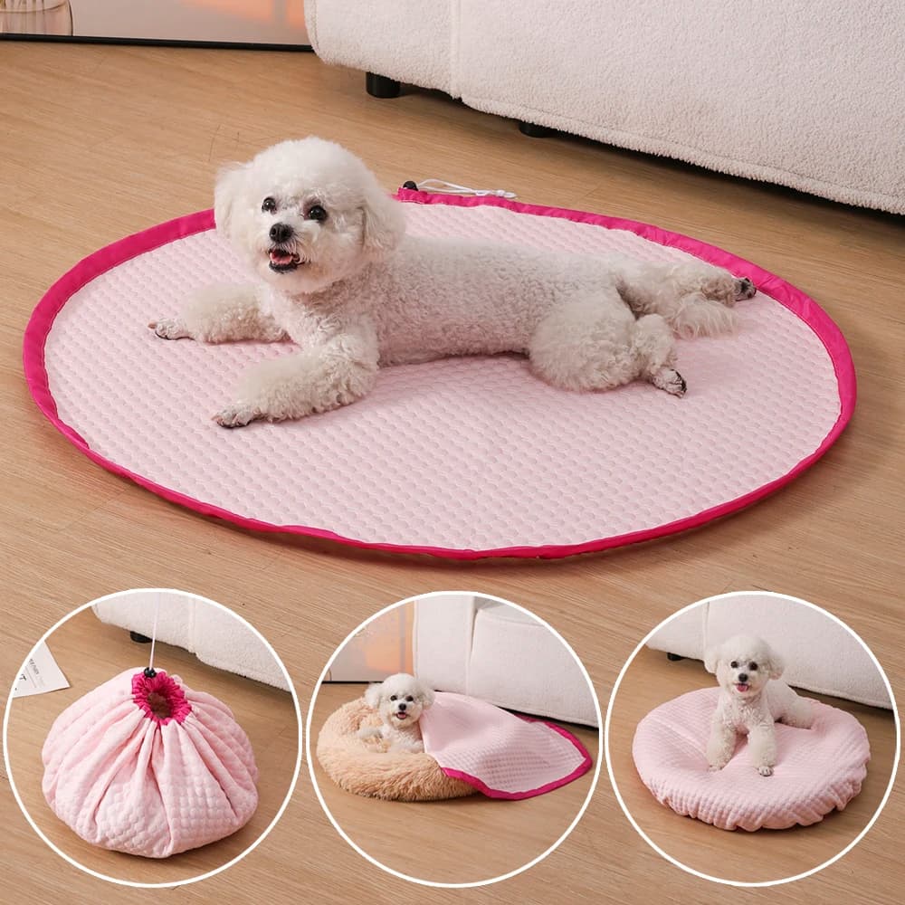 Cuscino Rotondo Rinfrescante in Seta Ghiaccio per Gatti e Cani, con Coulisse Regolabile, Coperta Estiva e Contenitore Portaoggetti