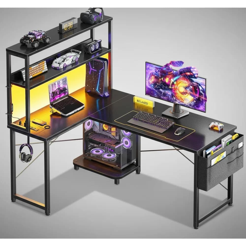 Scrivania da gioco a forma di L da 43 pollici con luci a LED e prese di corrente, tavolo per computer reversibile con spazio di archiviazione per l'home office