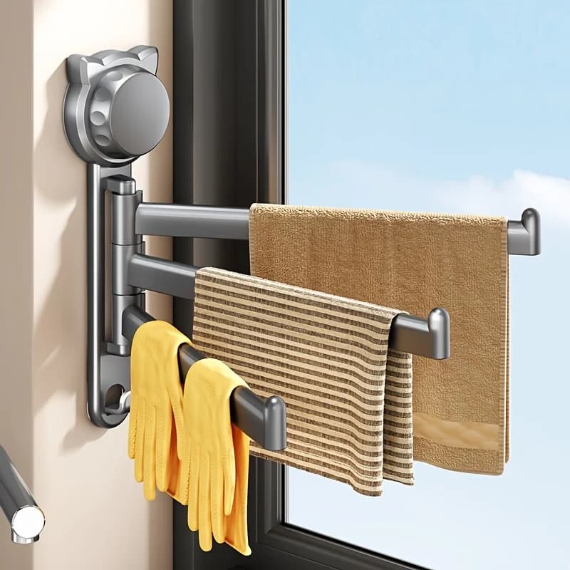 1pc Strong Suction Cup Kitchen Dish Towel Rack with 3pcs Hooks,Towel Holder, Window Sill Multi-Rod Rotatable Draining Rack