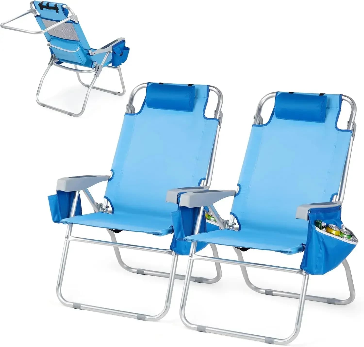 Tall Beach Chair 2 Pack, with 5-Position, Cooler Bag, Cup Holders, Towel Bar, Lightweight Folding Beach Camping Chairs for