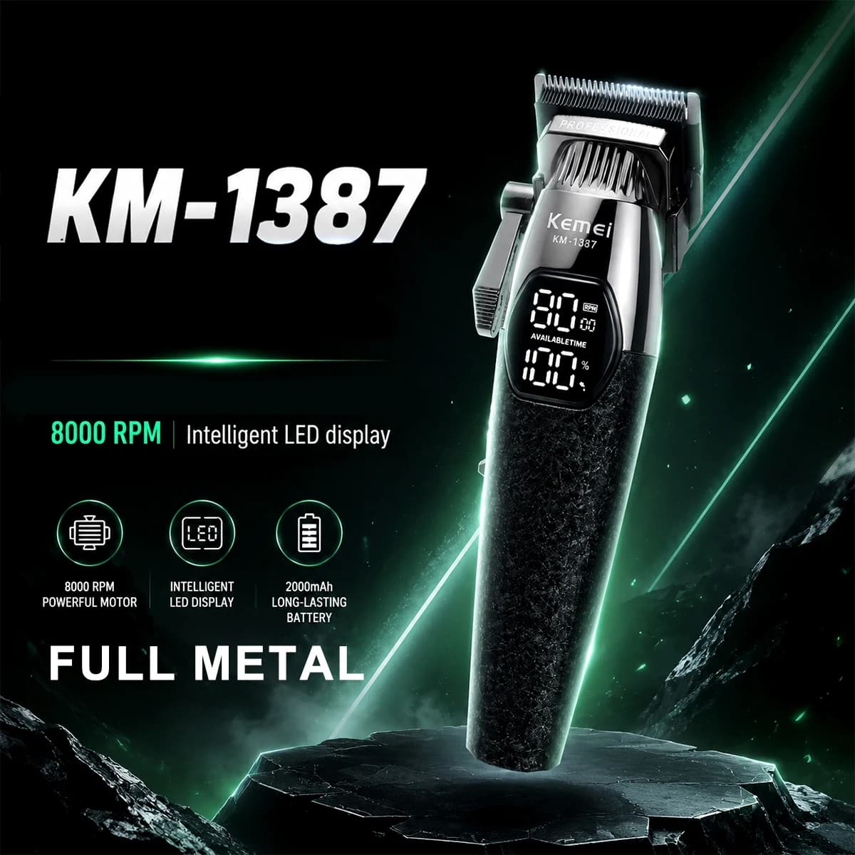 Kemei KM-1387 Professional Haircut, 5W Motor, Metal Body, 2000mAh Battery, LED Screen, Low Rumourity, Barbiere Hair Cutting Machine