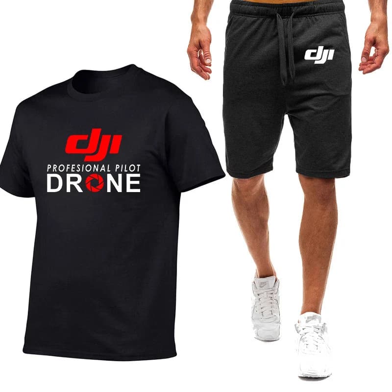 Dji Professional Pilot Drone 2025 New Men's Summer Nine Color Short-sleeved Set Trendy T-shirt+Fashion Shorts Suit