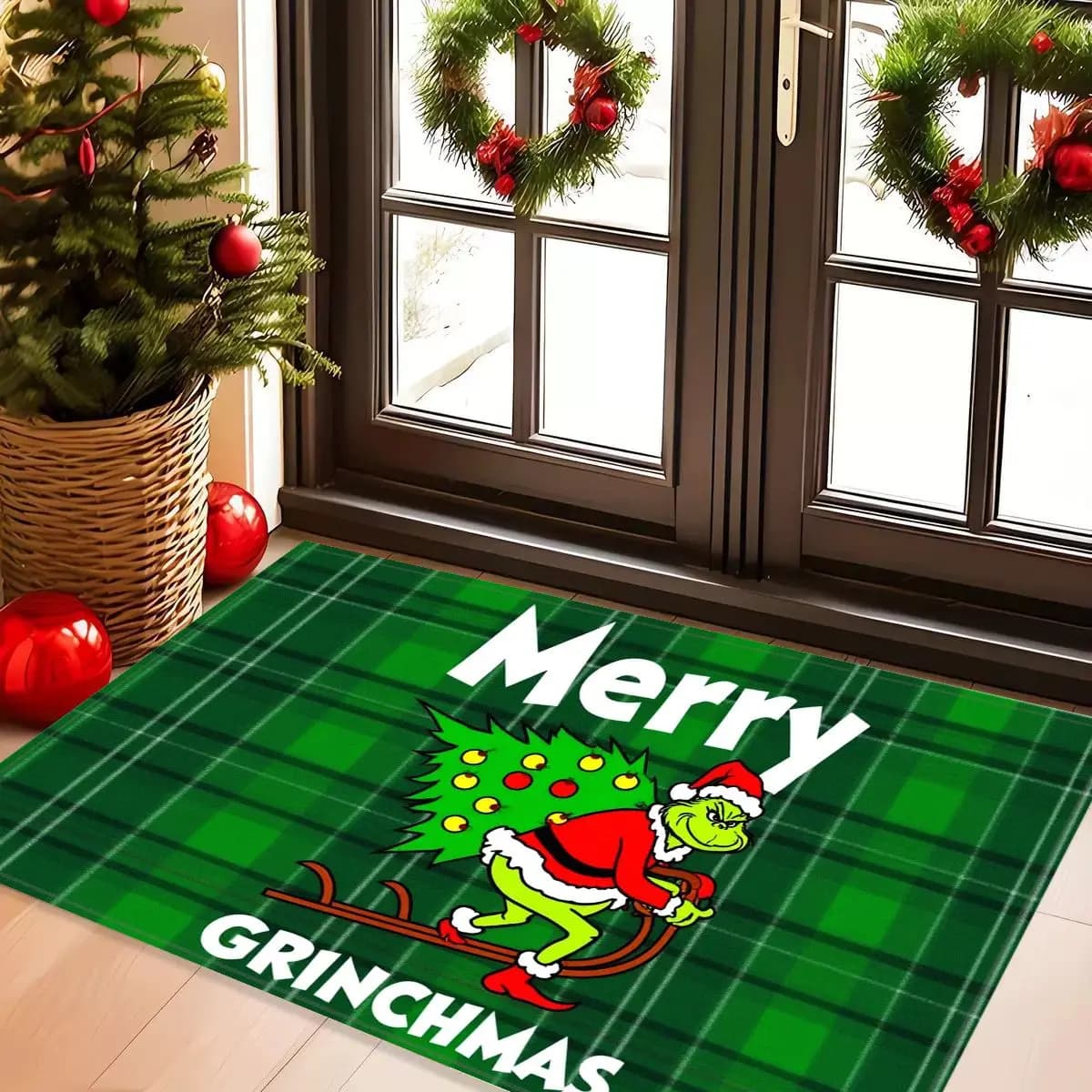 VIKAMA Babbo Natale di Natale, Monster Grinch Tappeto Decorazioni per la casa, Morbido e assorbire l'acqua, Porta d'ingresso, Tappetino antiscivolo per il bagno