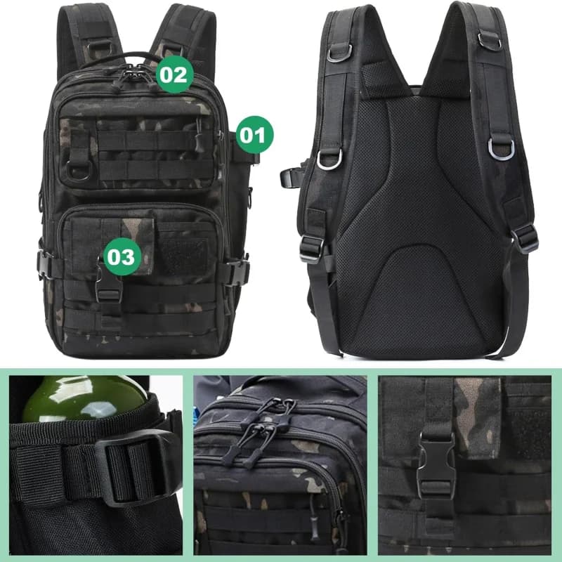 Zaino da pesca alla moda Borsa portaoggetti per attrezzatura in nylon 1000D Attrezzatura e attrezzatura da pesca con cinturino per canna per caccia, escursionismo, campeggio