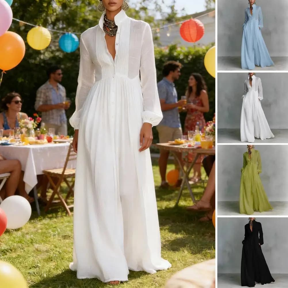 Long Dress Elegant French in High Life with Women's Slapped skirt, Maxi Dress Folded in Long Sleeves with Bottones and Pockets, Ideal for Spring and Autumn