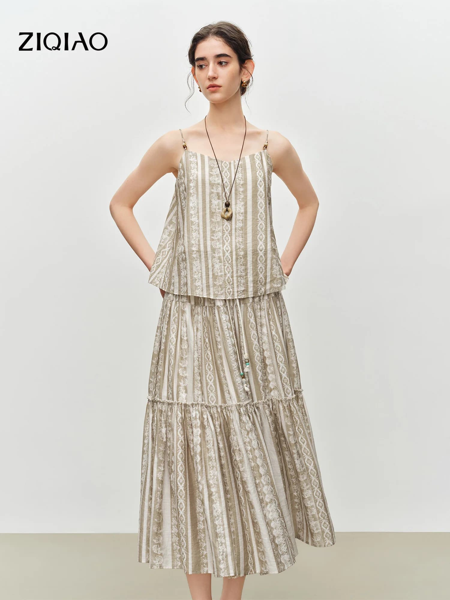 ZIQIAO Completo Estivo 2026 da Donna Ispirato allo Stile Bohemien, Comodo e Casual, con Gonna Midi a Vita Alta e Svasata, Due Pezzi