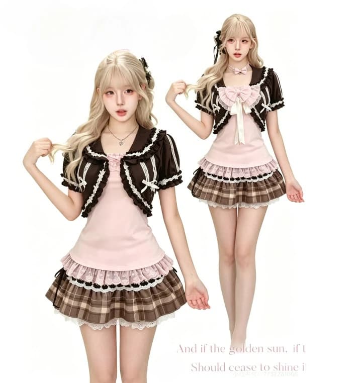 Completi Lolita Y2K dolci da donna, top in pizzo vintage giapponese, minigonna con fiocco, set da 3 pezzi, abiti casual preppy per tutti i giorni