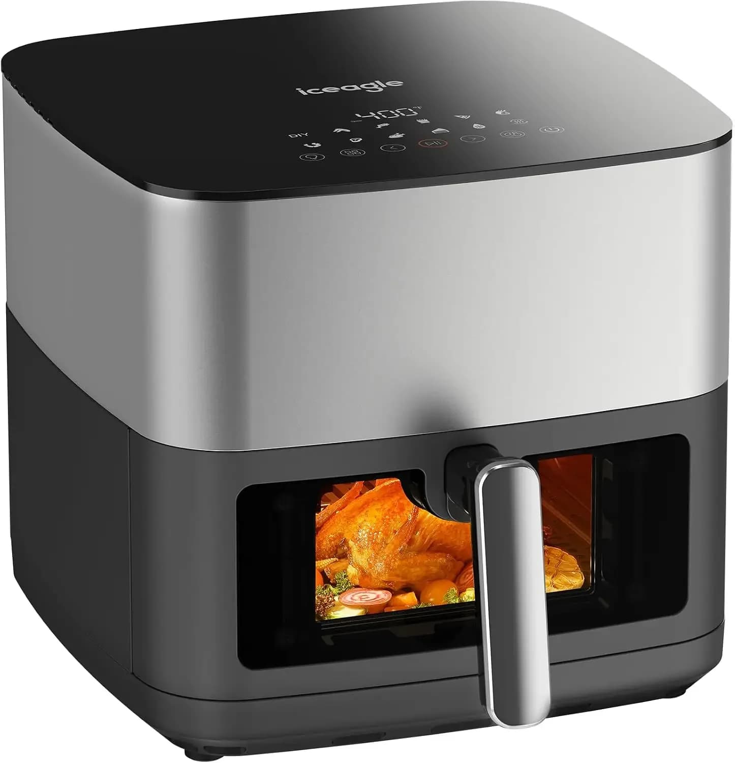 Stainless Steel Air Fryer 9 Quart - Airfryer XXL with Large Viewing Window, Dual Heating Elements, 12-in-1 Function to Roast
