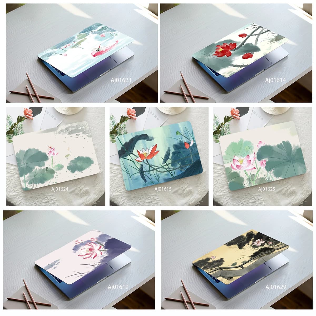 Skin per Laptop Minimalista Stile Orientale con Loto e Pesciolino Dorato, Sfondo Semplice Impermeabile e Antigraffio