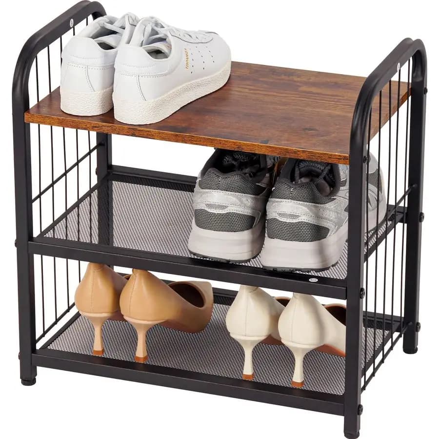 Shoe with railings, durable metal mesh shelves and rustic wooden top, storage space organizer for wardrobe, entrance and storage