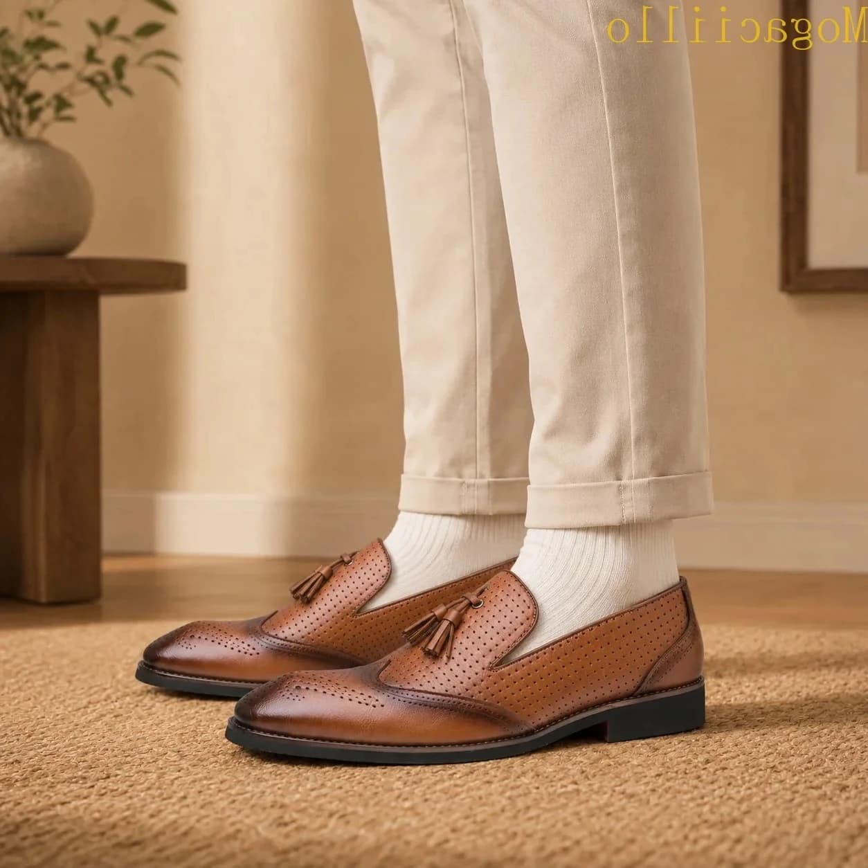 Brand Yellow Men's Tassel Red Sole Loafers Large Size 39‑46 Perforated Breathable Wingtip Brogue Slip‑On Casual Leather Shoes