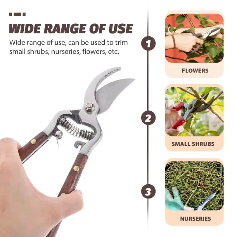1Pc Wood Handle Pruning Shears Stainless Steel Garden Scissors Labor Saving Hand Tool for Tree Branch Flower Bonsai Trimming