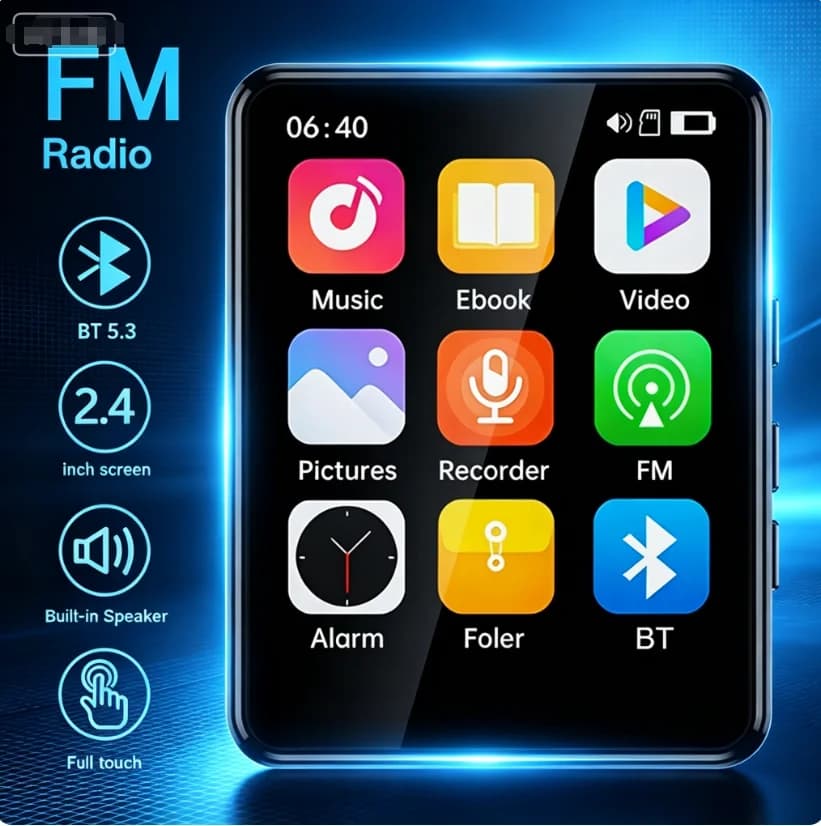 4" HD Touchscreen Bluetooth 5.3 Pocket MP3 Player, Ultra Portable Built-in Stereo Speaker