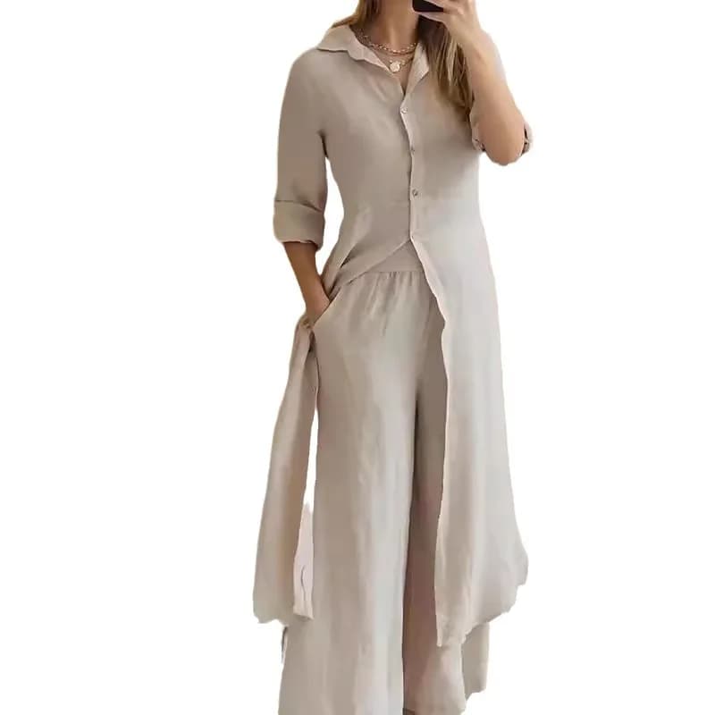 Cotton and Linen Shirt Long Dress Two Piece Set Women's Fashion Large Leg Pants Autumn Winter Elegant Dresses Slim Solid Dresses