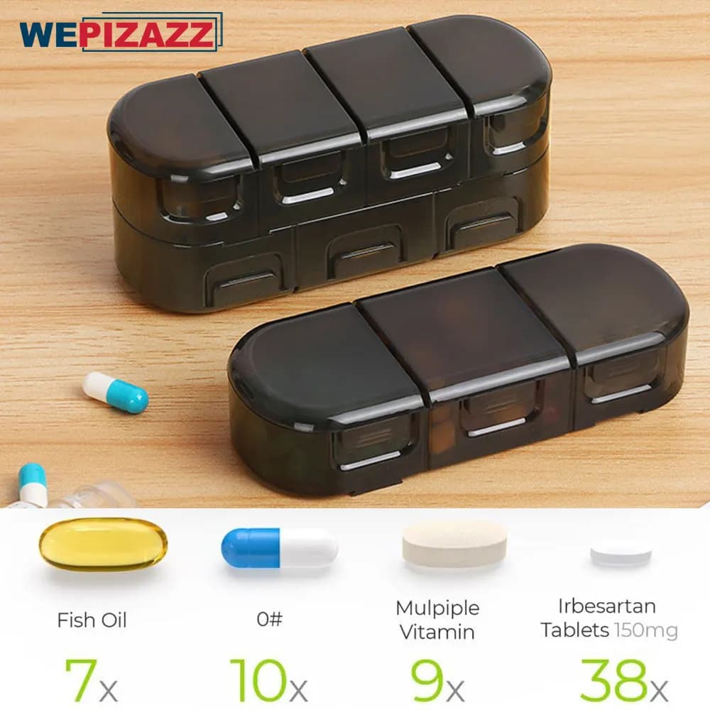 Weekly travel napkin, 7-day napkin, large compartment to contain vitamins, cod liver oil, supplements and medications