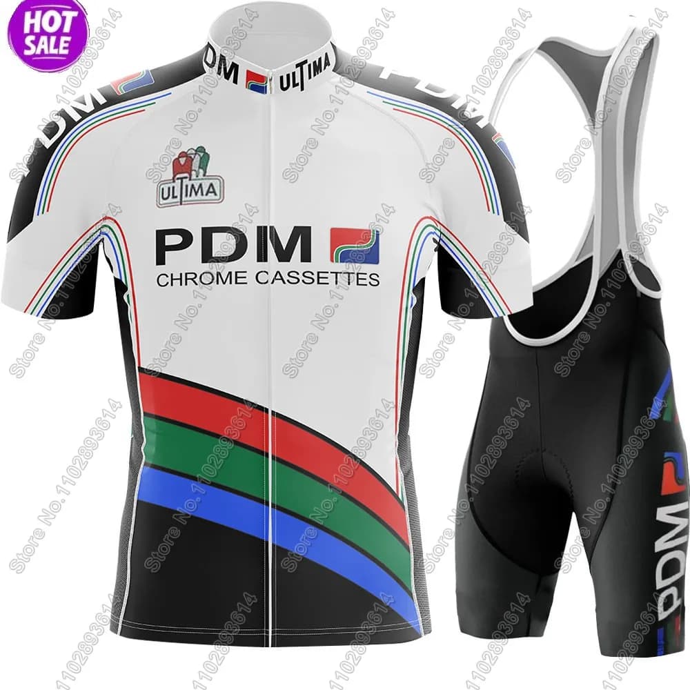 Cycling jersey PDM 2025 Retro Team Short sleeves White Vintatge Clothing Men Road bike shirts Suit Shorts with bicycle straps Clothing MTB