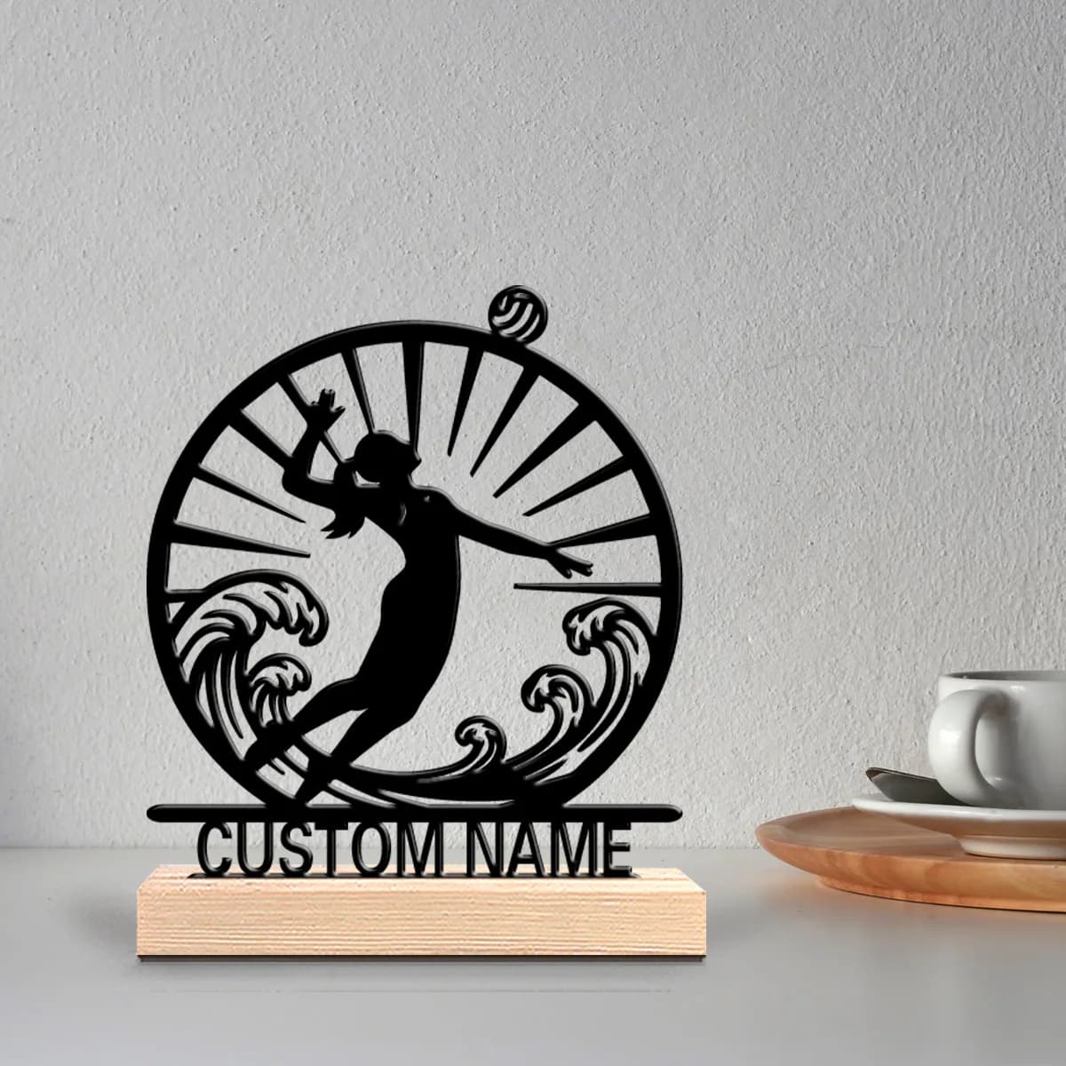 1pc Stylish Personalized Custom Volleyball Metal Statues Modern Wooden Base Decor for Office Living Room Nature-Inspired