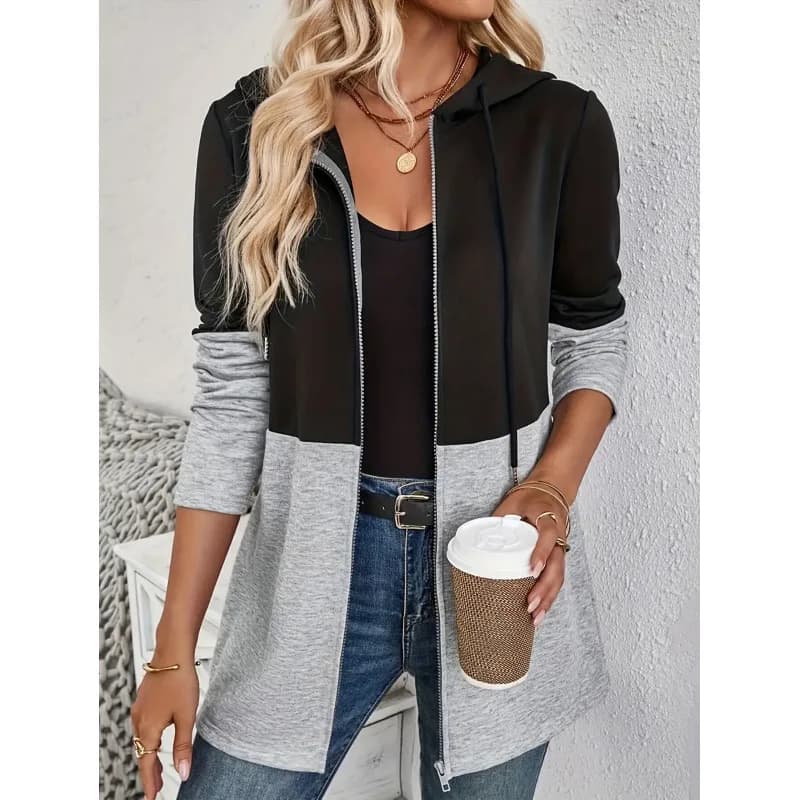 Felpa con Cappuccio Bicolore da Donna, Giacca Antivento Primaverile alla Moda, Lunghezza Regolare, Casual e Comoda, 100% Altri Materiali