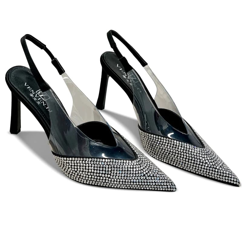 Sandali con tacco alto in tessuto trapano pressato in seta italiana, scarpe da donna, Crystal Diamond, punta appuntita, tomaia mocassino, sacchetto per la polvere