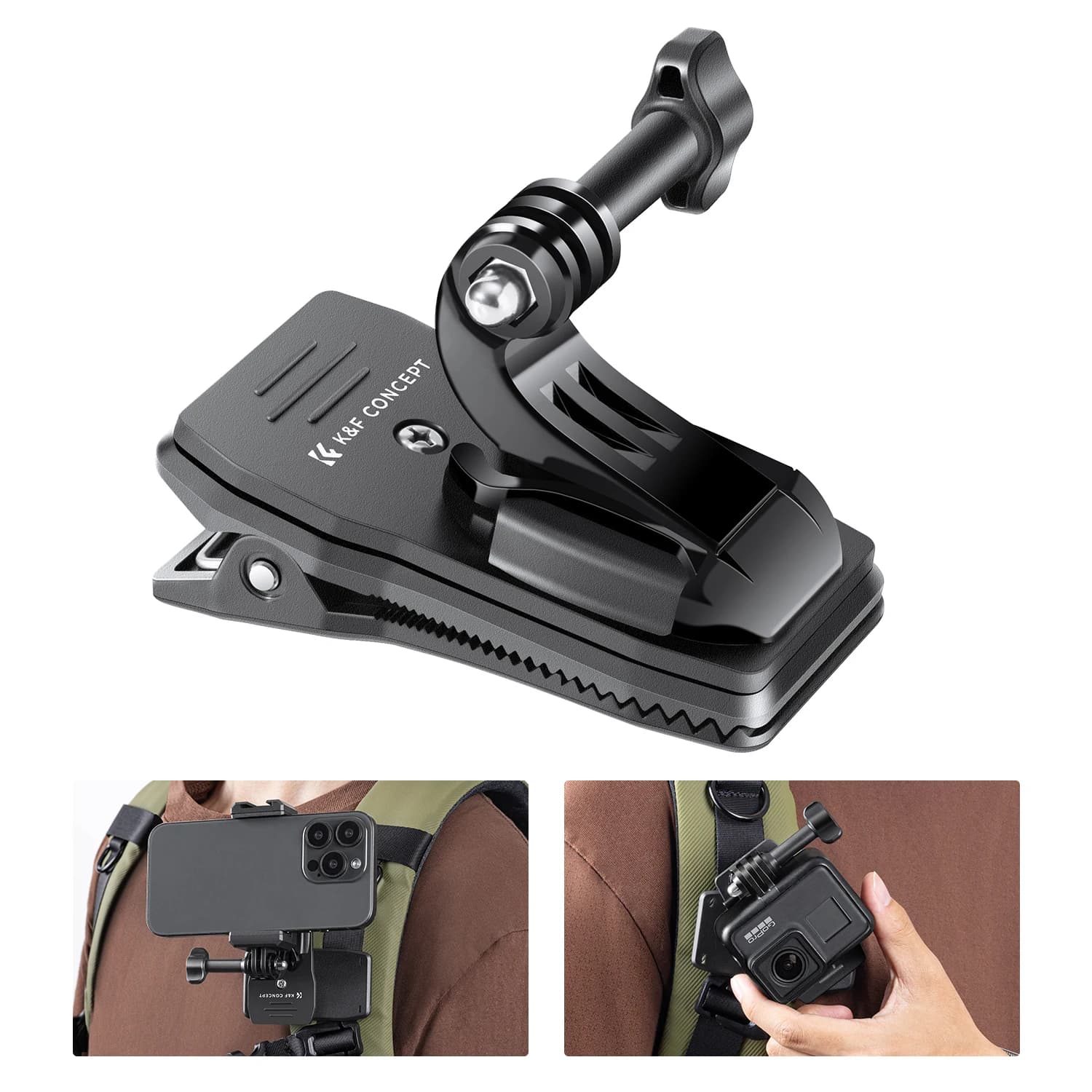 K&F CONCEPT 360 ° Supporto a Clip Girevole per Tracolla per Action Camera Hero 13/12/11/10/9/8/7/6/5/4 Black DJI Osmo Action 5 Pro/4