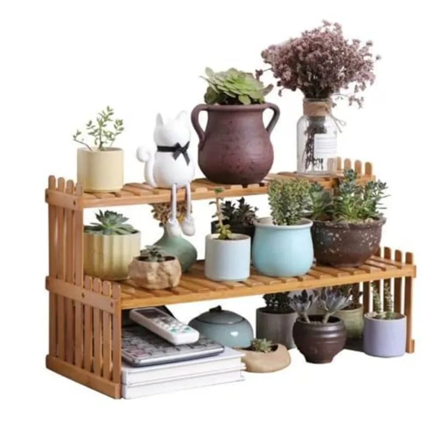 10.8" 2 Tiers Bamboo Plant Stand Shelf, Desk Flower Pot Holder, Adjustable Desktop Shelf Display Organizer Ladder Rack for Offi
