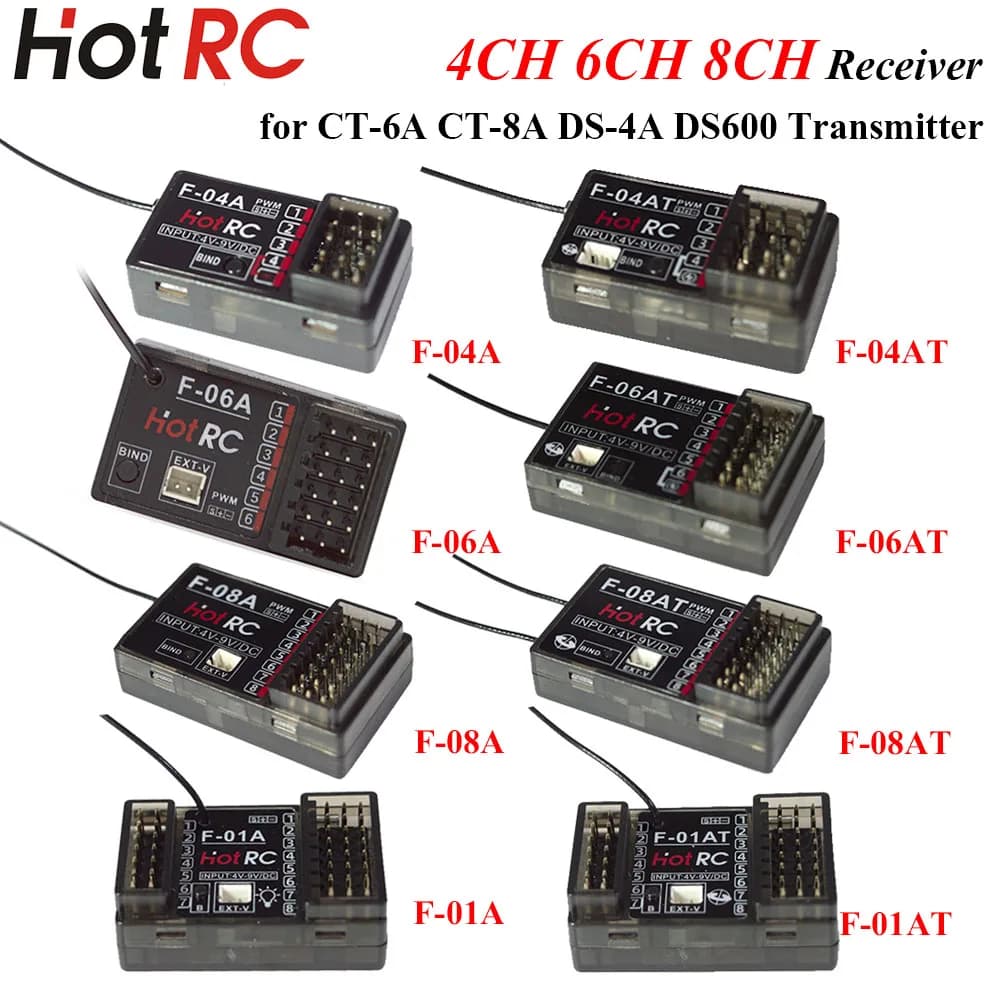 Ricevitore HOTRC 2.4Ghz a 4/6/8 Canali F-04A F-06AT F-08AT F-01AT con Controllo Luce PWM e Giroscopio per Trasmettitori RC Auto, Barche, Aerei, Carri Armati