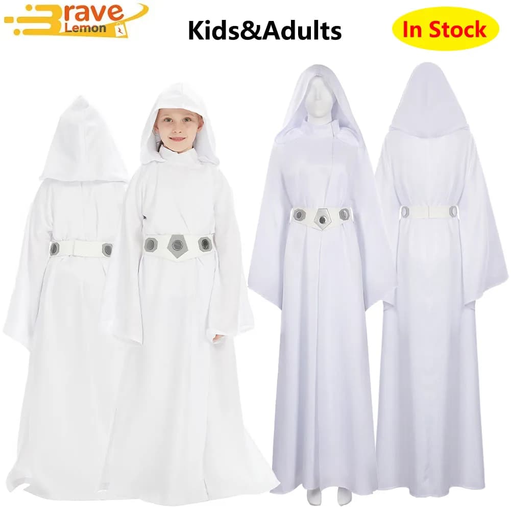 Leia Cosplay Costume, Dress with Belt for Girls, Princess Fantasy Dress, Hooded Mantle, Outfit for Halloween and Carnival