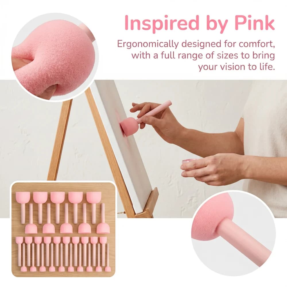30Pcs Large Set Pink/Yellow Sponge Stamps, Washable Reusable Art Craft Brushes for Beginners & Teachers, DIY Painting Tools