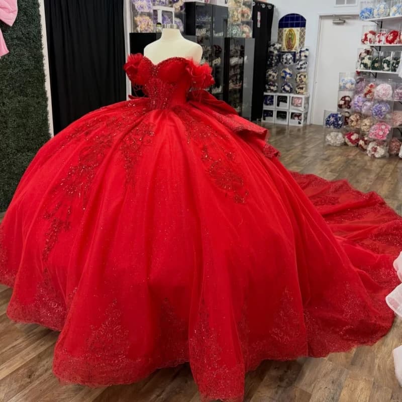 Red Glitter Quinceanera Dresses Off Shoulder Ball Gown Sweet 16 Dress Applique Lace Beads Bow Tull Party Birthday Vestidos 15 de
