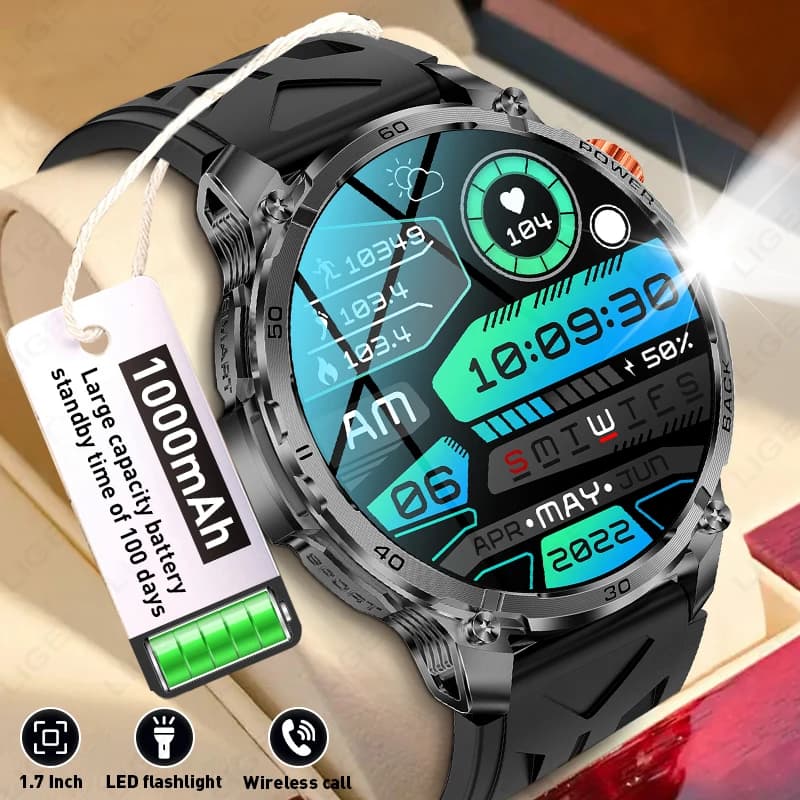 LIGE Smartwatch per Adulti con Batteria Grande da 1000mAh, Resistente, SOS, Torcia Potente, Impermeabile IP68, Chiamate BT, Sportivo, da Uomo 2026