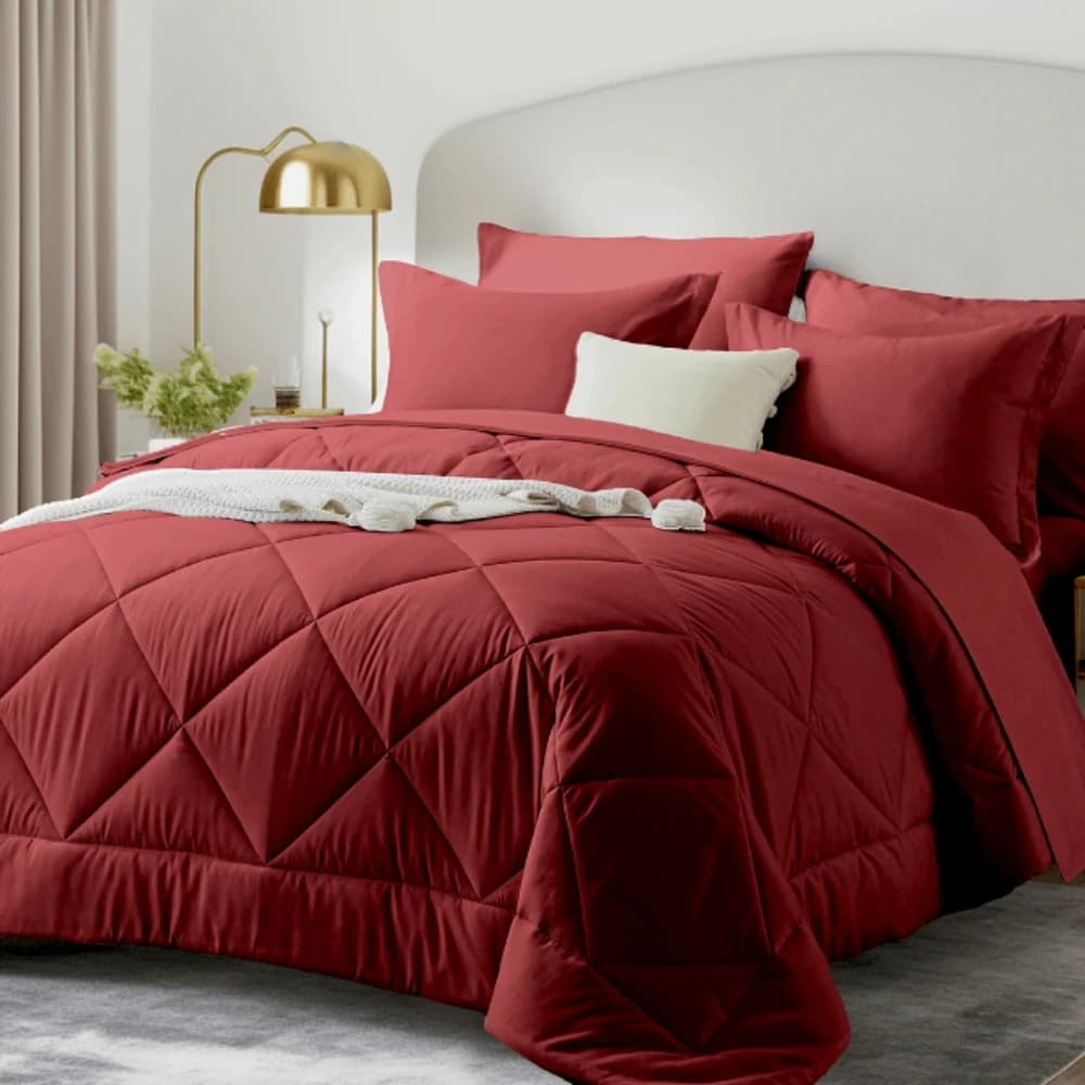 5 Piece Solid Color Twin Bed Comforter Set, Modern Geometric Pattern, Soft Comfortable Summer Bedding, All Seasons Bed In A Bag, Perfect Gift Dark Red