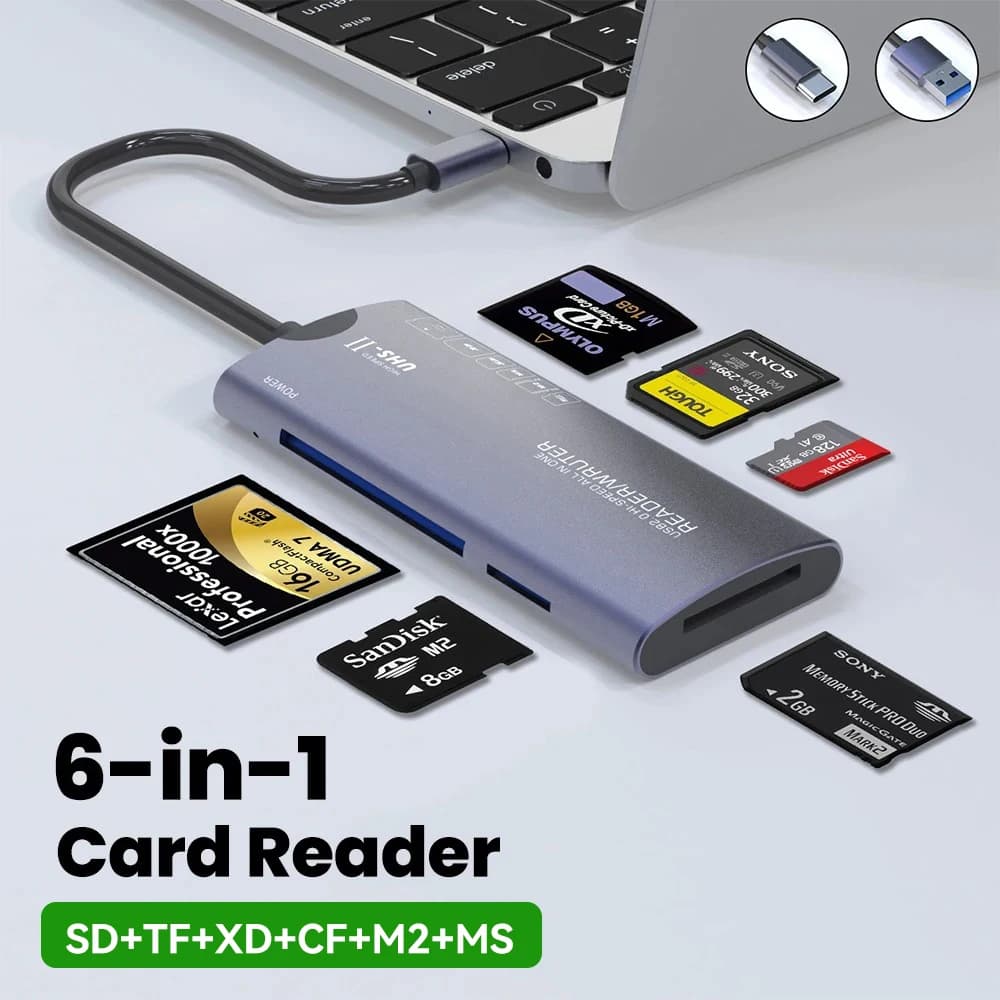 USB 2.0/Type-C 6-in-1 multifunction card reader, SD/TF/XD/CF/M2 memory card adapter, suitable for data transfer and other uses