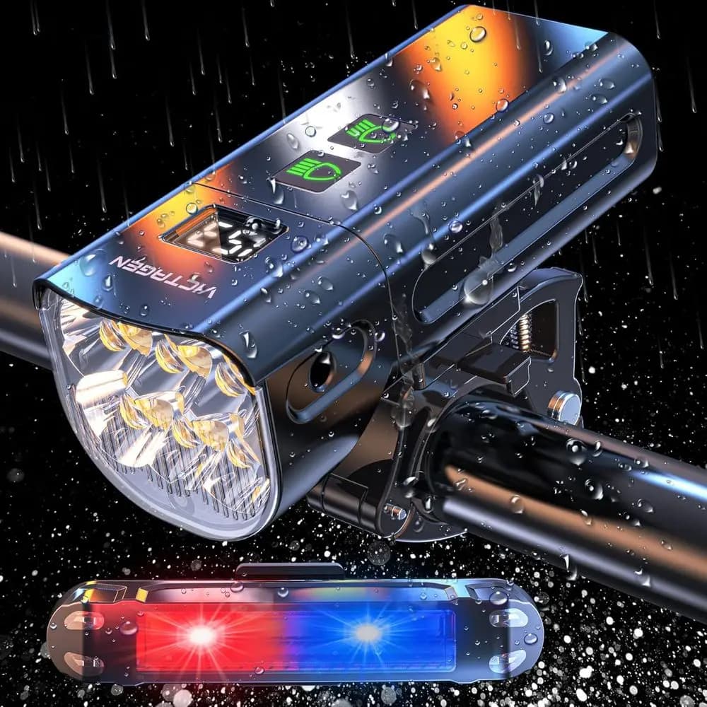 Luci per Bicicletta 12000lm per Guida Notturna, 4 LED Impermeabili Ricaricabili, Luce Anteriore e Posteriore, Fascio Alto e Basso, Funzione Power Bank