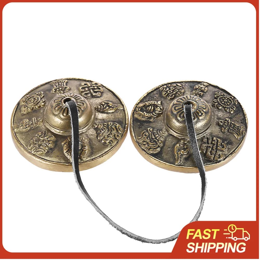 2.6in/6.5cm Handcrafted Tibetan Meditation Tingsha Cymbal Bell with Buddhist The Eight Auspicious Symbols