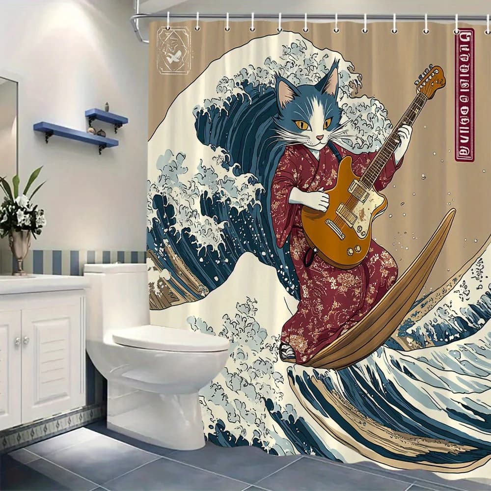Tenda da doccia impermeabile con stampa unica di gatti che suona la chitarra per il bagno, tenda divisoria per WC di fascia alta con design a onde giapponesi