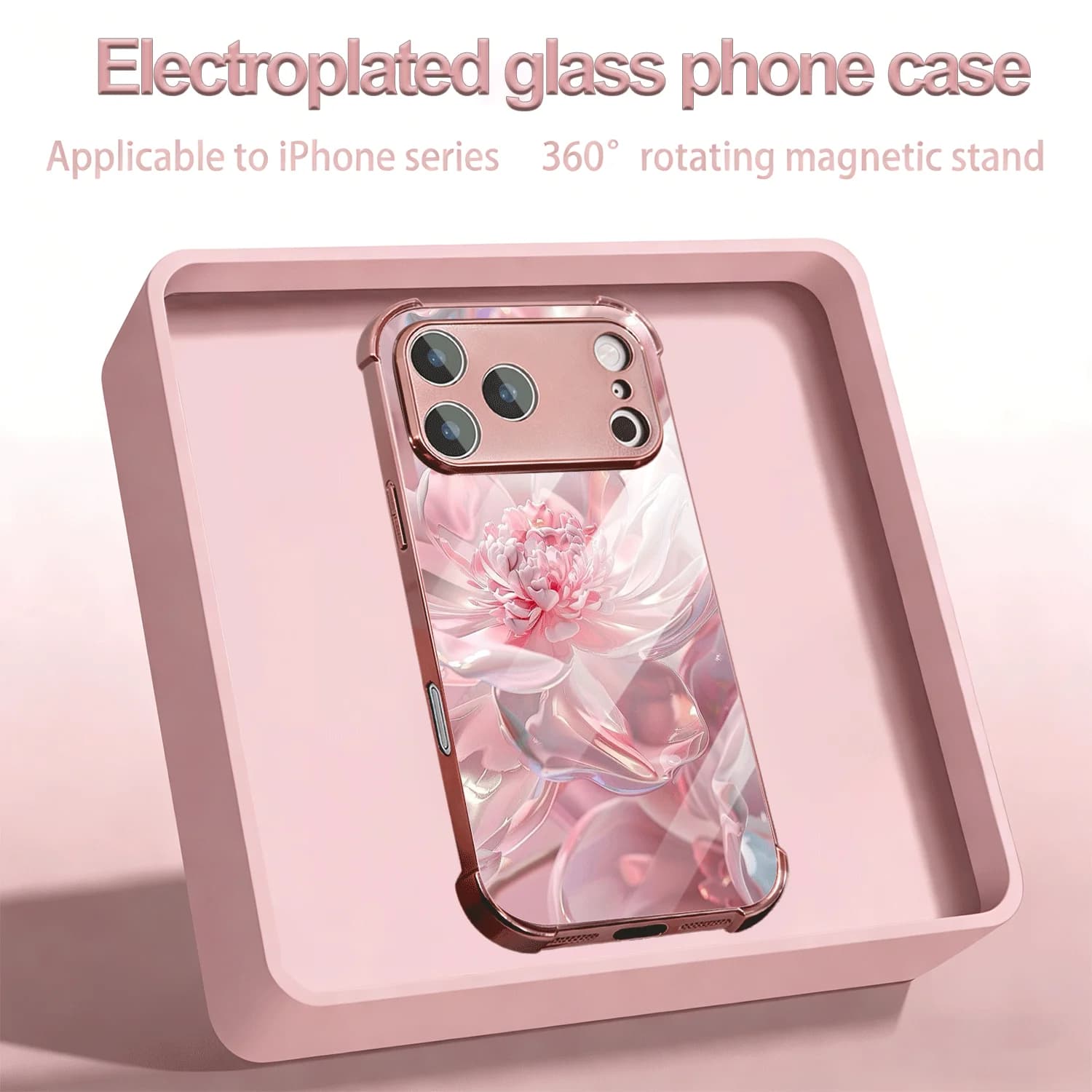 Glossy Pink Flower Bloom Electroplated Glass Lens Protective Shockproof Case For iPhone 13 14 15 16 17 Pro ProMax