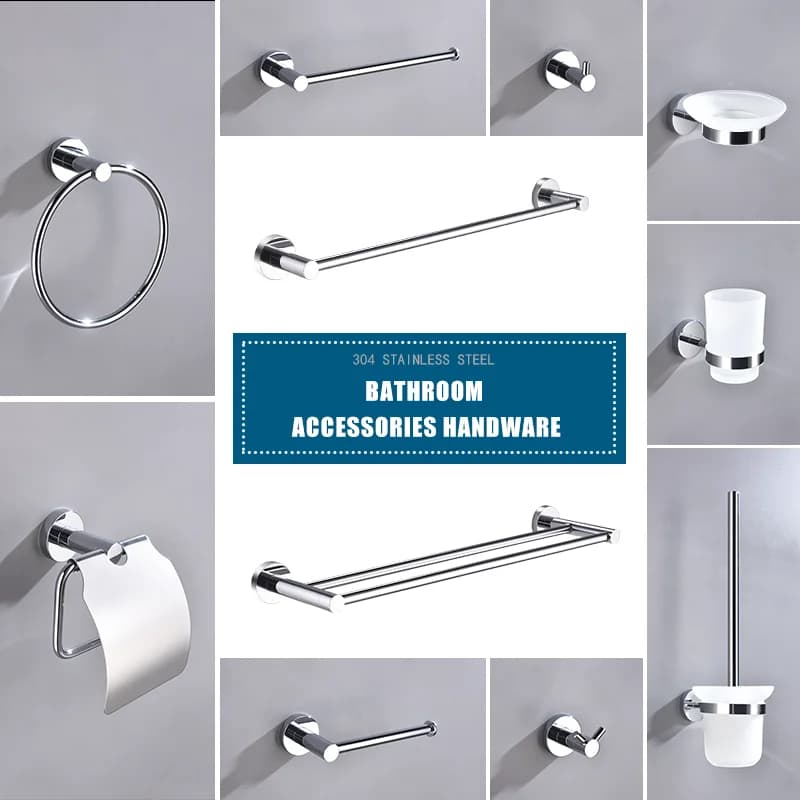 Chrome 304 Stainless Steel Bathroom Hardware Set Towel Shelf Paper Holder Hook Towel Bar Cup Holder Bathroom Accessories