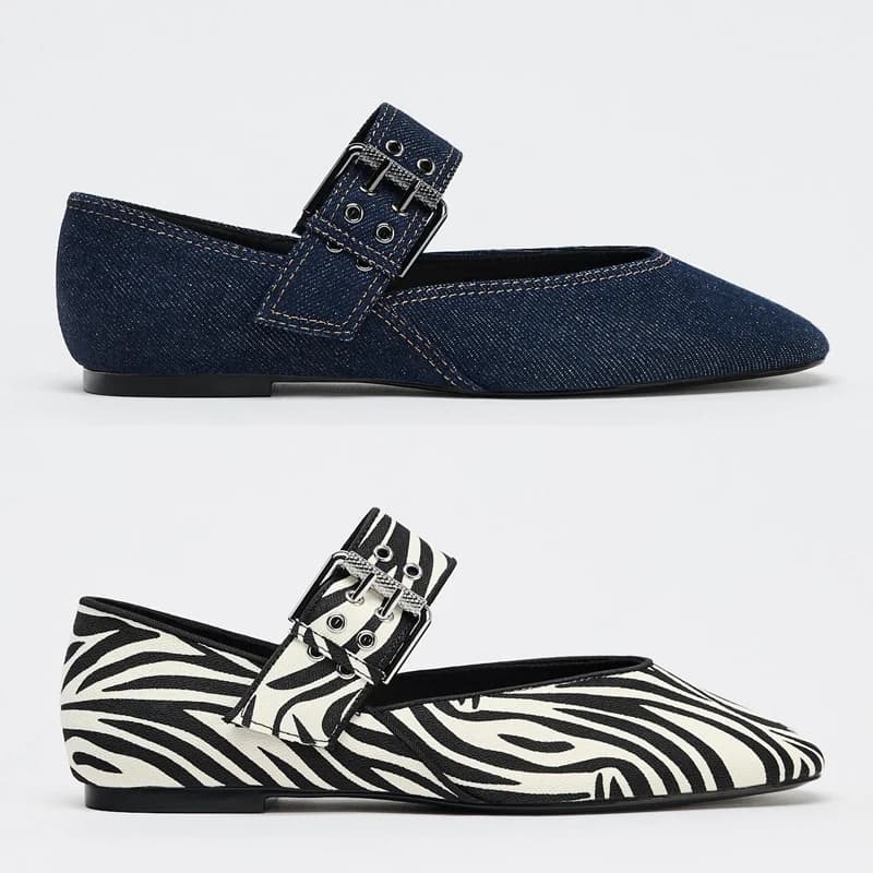 Nuovi arrivi primaverili: Scarpe basse da donna in denim blu con fibbia decorativa, stile ballerina Mary Jane, punta tonda, suola in gomma.