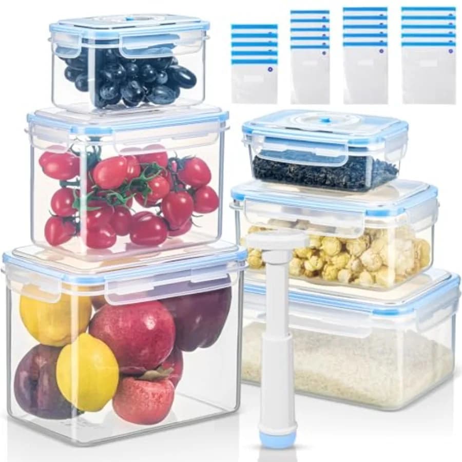 Set di 33 Contenitori per Alimenti Sottovuoto con Coperchi: 6 Contenitori, 6 Coperchi, 20 Sacchetti Sigillabili e 1 Pompa Manuale per Sottovuoto