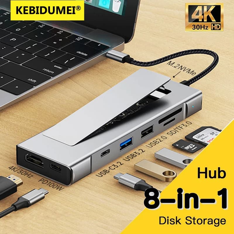 Hub USB C 8-in-1 con Funzione di Archiviazione su Disco, Hub SSD M.2, Adattatore Type-C a HDMI, PD100W, Splitter USB-C 3.2 per MacBook Pro Air