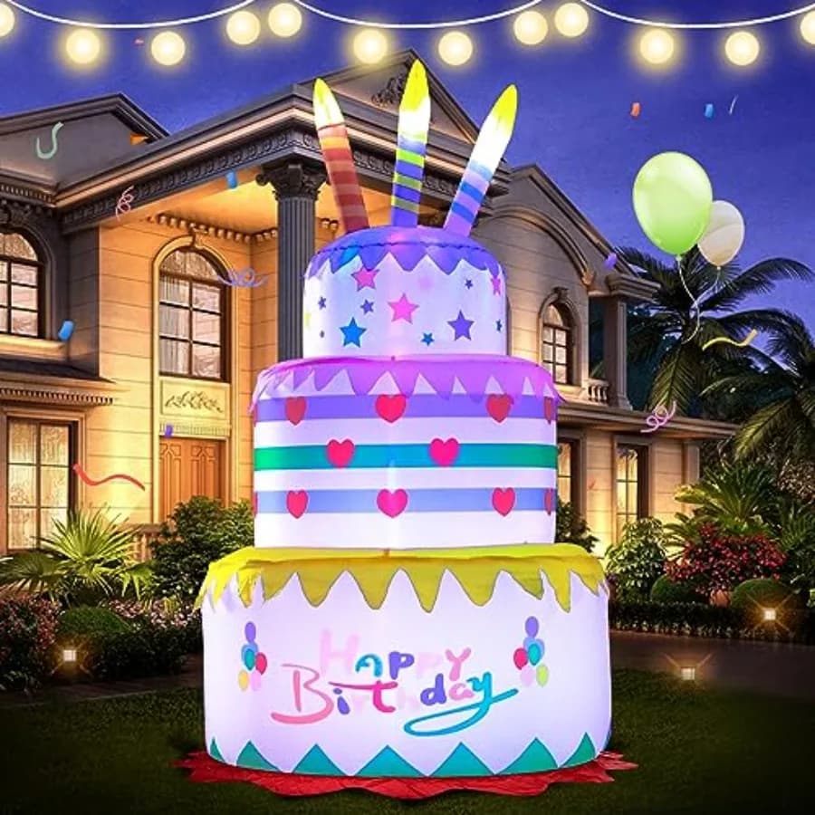 [Nuovo] Torta di Compleanno Gonfiabile da 6 Piedi per Decorazioni Esterne con Candele, Luci LED Magiche Integrate, per Feste di Compleanno all'Aperto
